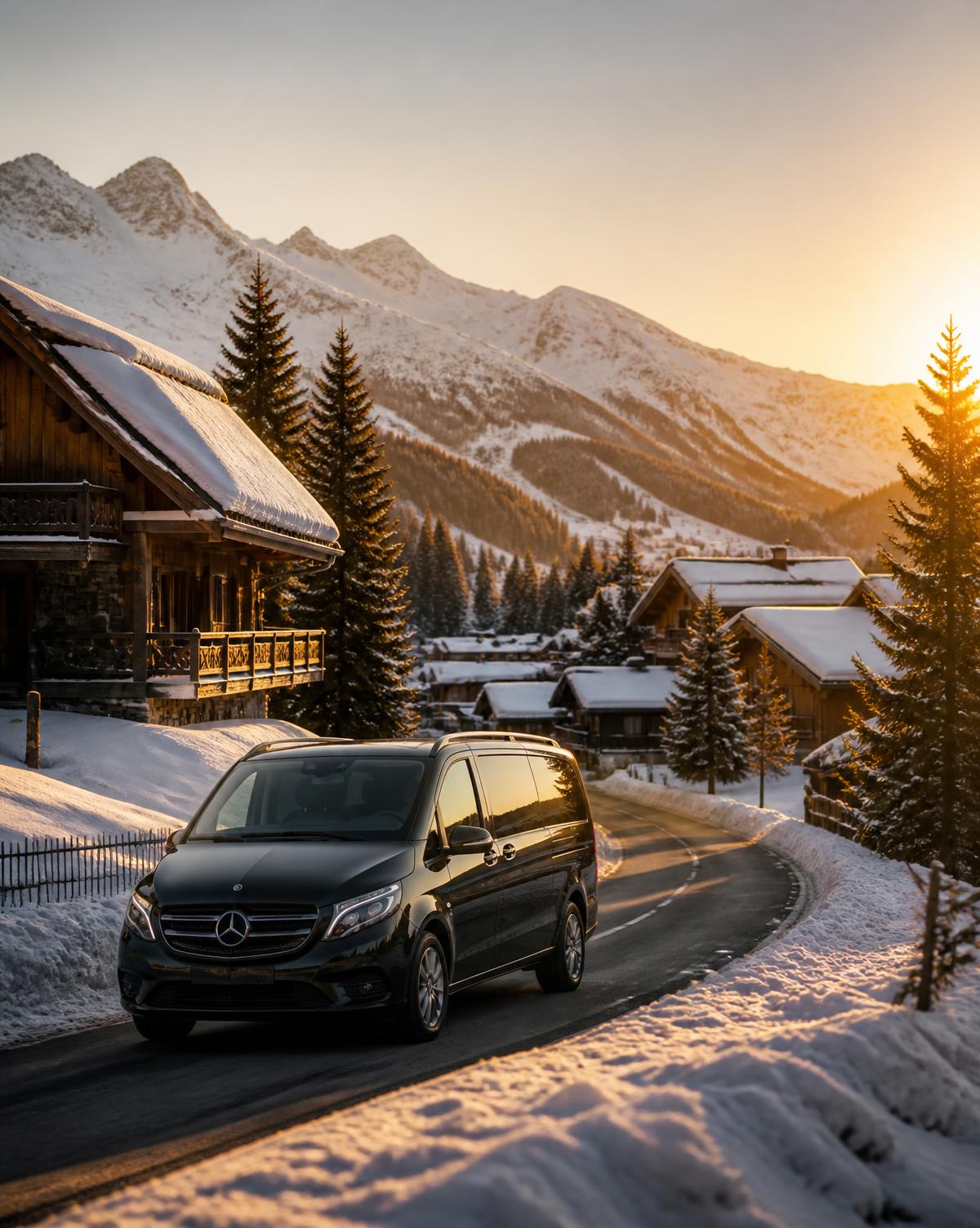 Black SLM Transfert van on a snowy mountain road