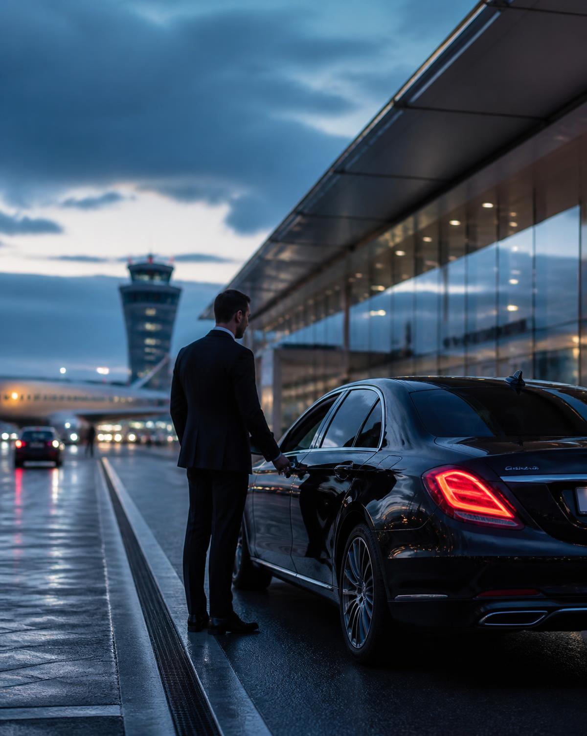 Chauffeur SLM Transfert devant une berline noire à l'aéroport